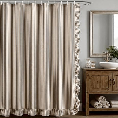 HunnmingRe Farmhouse Ruffled Striped Shower Curtain 72 x 72 Inch Brown Faux Linen Vintage Rustic Boho Stripe Shower Curtain with 12 Hooks for Bathroom Bathtubs Natural Decor