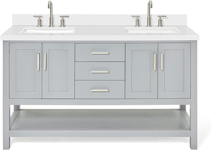 ARIEL Magnolia 60-inch Bathroom Vanity with Sink,Solid Wood, 1.5-inch Pure White Quartz Countertop & Backsplash, Double Rectangular Porcelain Sink, 4 Soft Closing Doors, 3 Dovetail Drawers, Grey
