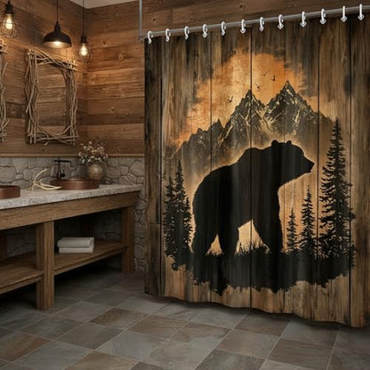 Rustic Cabin Shower Curtain for Bathroom, Forest Bear Wooden Bath Curtains, Wildlife Country Hunting Camping Waterproof Fabric Bathroom Curtain Accessories Set with Hooks,70X85IN