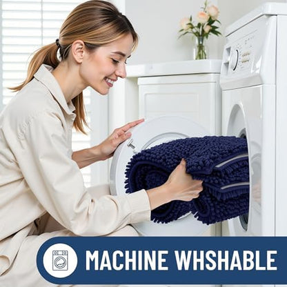 Smiry Chenille Bathroom Rugs Sets 2 Piece (30x20+ U Shape 24x20, Navy Blue)