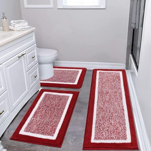 Pauwer Bathroom Rug Sets 3 Piece, Non Slip Washable Bath Mat, Red