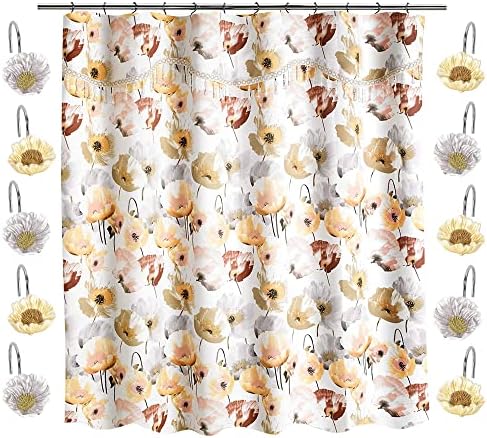 Zahari Home 13pc Poppy Fields Bathroom Shower Curtain Set Yellow Shower Curtain & 12 Shower Curtain Hooks Luxury Contemporary Colorful Shower Curtain Unique Design Stylish Shower Curtain Set