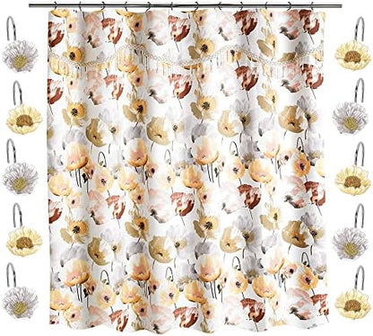 Zahari Home 13pc Poppy Fields Bathroom Shower Curtain Set Yellow Shower Curtain & 12 Shower Curtain Hooks Luxury Contemporary Colorful Shower Curtain Unique Design Stylish Shower Curtain Set