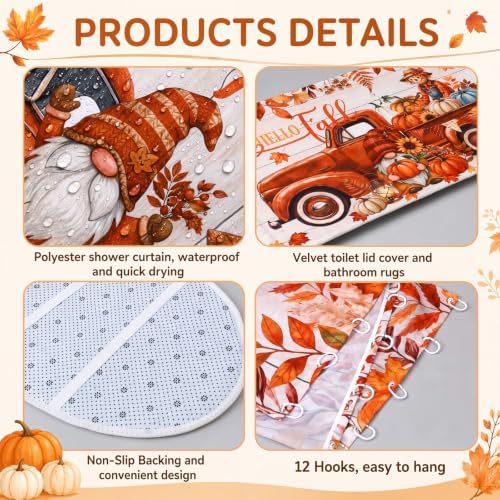 FuWeave 8Pcs Hello Fall Shower Curtain Set, Vintage Truck Gnome Scarecrow Pumpkin Bathroom Decor, Includes Non-Slip Bath Rug, U-Shaped Mat, Toilet Lid Cover, Towels & 12 Hooks, Autumn Harvest Decor