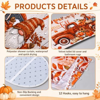FuWeave 8Pcs Hello Fall Shower Curtain Set, Vintage Truck Gnome Scarecrow Pumpkin Bathroom Decor, Includes Non-Slip Bath Rug, U-Shaped Mat, Toilet Lid Cover, Towels & 12 Hooks, Autumn Harvest Decor