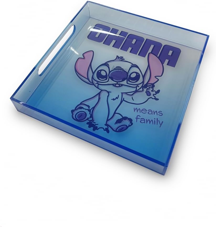 Disney Stitch Ohana Acrylic Square Table Top Decorative Serving Tray with Carry Handles for Bathroom, Desktop, Vanity, Kitchen, Table, 8"x7.85"