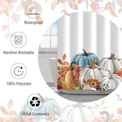 Fall Pumpkin Shower Curtain, Thanksgiving Autumn Maple Leaves Watercolor Floral Harvest Boho Bathroom Curtains with Hooks for Bathroom Bathtubs Decor, Waterproof Polyester Fabric 48x72