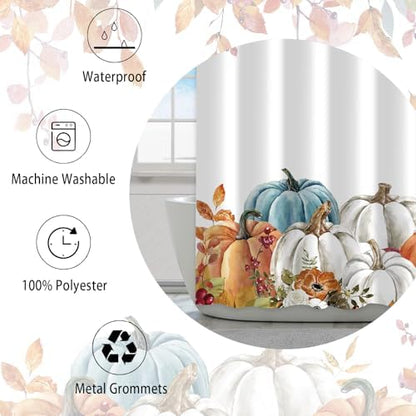 Fall Pumpkin Shower Curtain, Thanksgiving Autumn Maple Leaves Watercolor Floral Harvest Boho Bathroom Curtains with Hooks for Bathroom Bathtubs Decor, Waterproof Polyester Fabric 48x72
