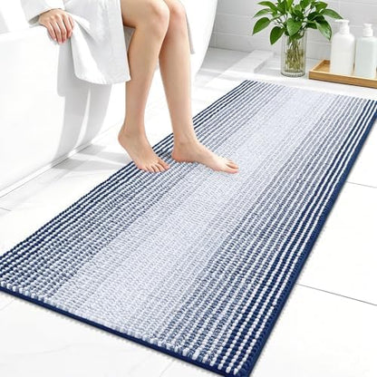 OLANLY Bathroom Runner Rugs 44x24, Soft Chenille Striped Bath Rugs, Navy