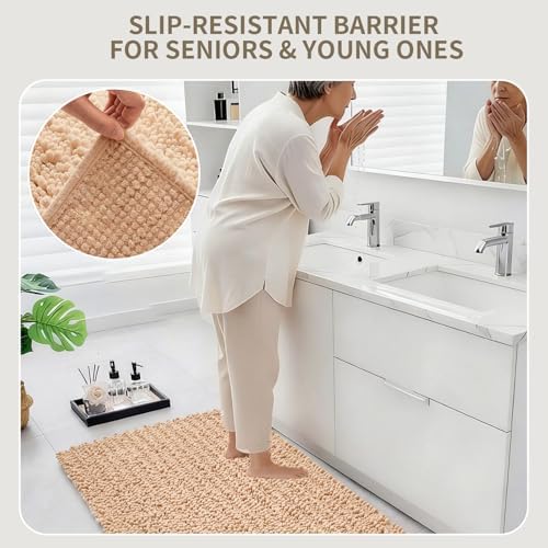 Bathroom Rugs Non Slip Washable 70x24, Extra Thick Soft Chenille Absorbent Bath Mat, High Density Barrier Non Slip Backing, Quick Dry Plush Shaggy Floor Carpet for Tub&Shower, Beige