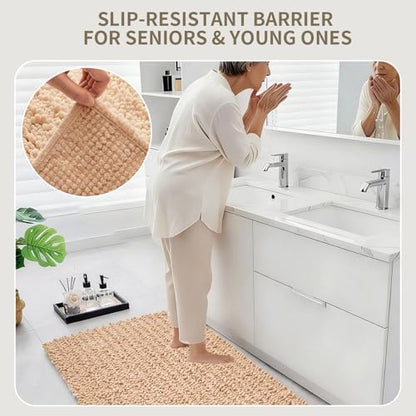 Bathroom Rugs Non Slip Washable 32x20, Extra Thick Soft Chenille Absorbent Bath Mat, High Density Barrier Non Slip Backing, Quick Dry Plush Shaggy Floor Carpet for Tub&Shower, Beige
