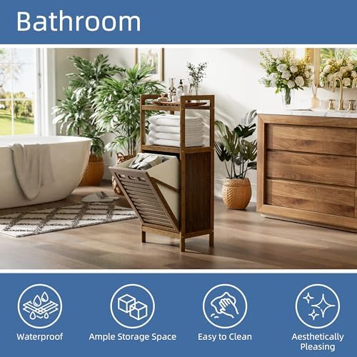 HITNET Bamboo Tilt Out Laundry Hamper, Bathroom Storage Cabinet with Hidden Removable Basket and 2 Open Shelves, Space Saving Bamboo Storage for Clothes, Towels and Toys, Walnut