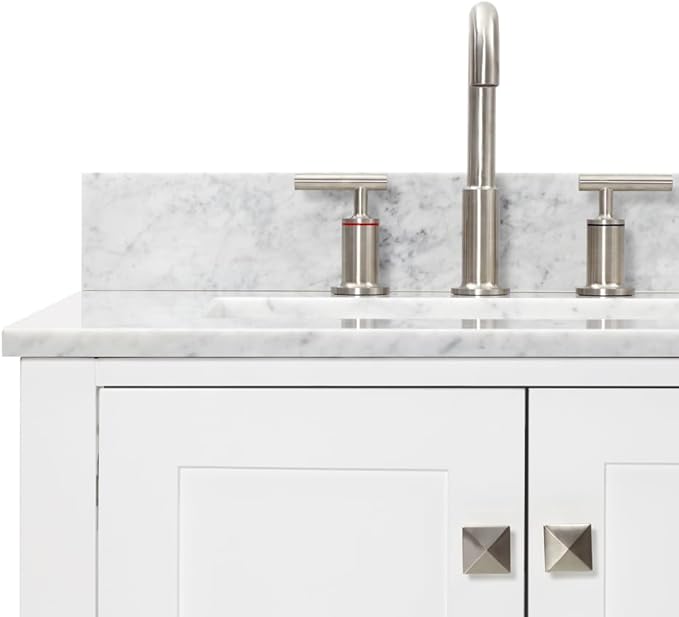 ARIEL Cambridge 60-inch Bathroom Vanity with Sink,Solid Wood, 0.75-inch Italian Carrara Marble Countertop, Double Rectangular Porcelain Sink, 4 Soft Closing Doors, 6 Dovetail Drawers, White