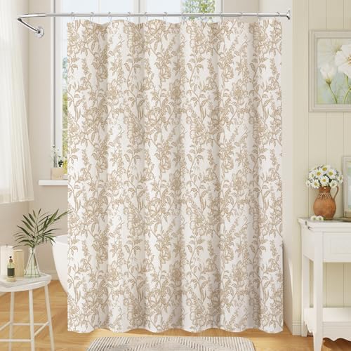 Brown Boho Linen Fabric Shower Curtain , Farmhouse Floral For Bathroom