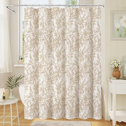Brown Boho Linen Fabric Shower Curtain , Farmhouse Floral For Bathroom