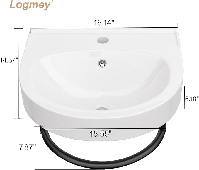 Logmey 16 Inch Wall Mount Bathroom Sink 16"x14" Floating Sink White Porcelain Ceramic Wall Hung Vessel Sink Wash Hand Basin with Bracket