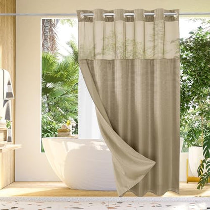 Gibelle No Hook Cloth Beige Shower Curtain with Liner, 72x80