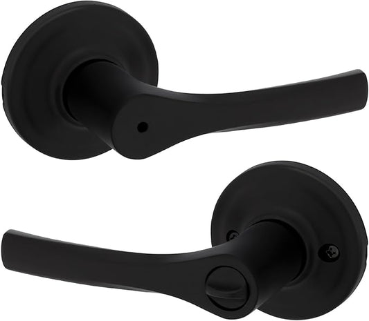 Kwikset Henley Interior Privacy Door Handle with Lock, Door Lever For Bathroom and Bedroom, Matte Black Reversible Keyless Turn Lock, with Microban Protection
