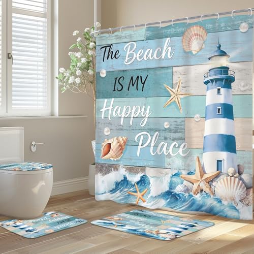 Nautical Ocean Fish Sea Wooden 4Pcs Bathroom Shower Curtain Set with Rugs