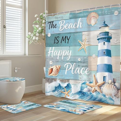 Nautical Ocean Fish Sea Wooden 4Pcs Bathroom Shower Curtain Set with Rugs