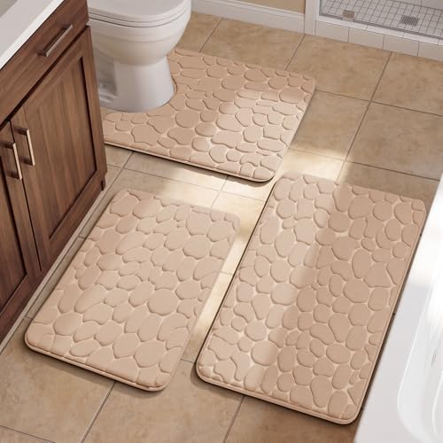 YIHOUSE Bathroom Rugs Mat Set, Memory Foam Bath Mat 3 Piece Khaki