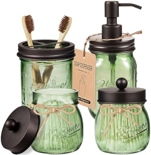 Amolliar Mason Jar Bathroom Accessories Set, 4 Pcs Green Glass Bathroom Set