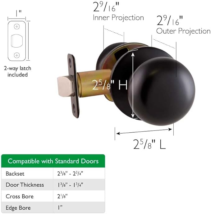 Design House 778951 Cambridge 2-Way Adjustable Passage Door Knob with for Hallway Closet, Matte Black