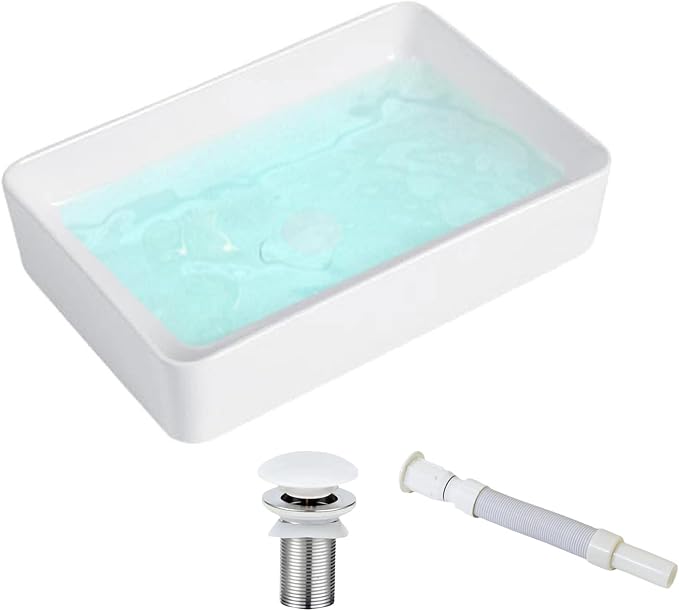 20" x 13.5" Rectangular Vessel Sink for Bathroom - KINGWONG Above Counter White Ceramic Porcelain Vanity Sink, Shallow Depth 4.3", No Overflow Hole, Top Mount Bathroom Basin for Modern Home