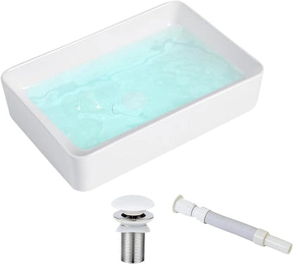 20" x 13.5" Rectangular Vessel Sink for Bathroom - KINGWONG Above Counter White Ceramic Porcelain Vanity Sink, Shallow Depth 4.3", No Overflow Hole, Top Mount Bathroom Basin for Modern Home