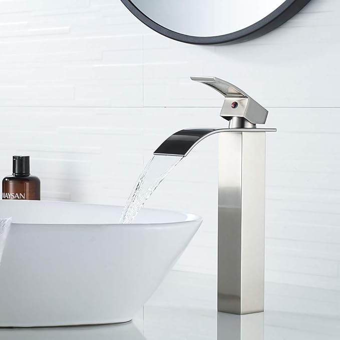 VOTON Vessel Sink Faucet Brushed Nickel Modern Tall Waterfall Bathroom Sink Faucet Single Handle Bathroom Faucet 1 Hole Bowl Lavatory Vanity Faucet, Rv Sink Camper Farmhouse Bathroom Faucet