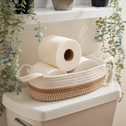 Decorative Toilet Paper Basket - Boho Cotton Rope Bin with Tassel