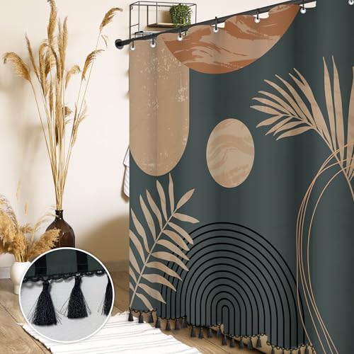 Boho Mid Century Leaf Shower Curtain Set,Arch Sun Design,Minimalistic Leaves Pattern,Waterproof and Luxurious Fabric-12 Hooks(Brown-72" x 96")