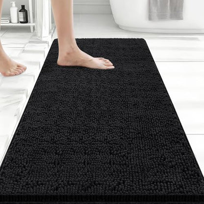 Bcoimo Bath Rug Mat, 44x24 Chenille Non Slip Black Long Bathroom Runner Rug