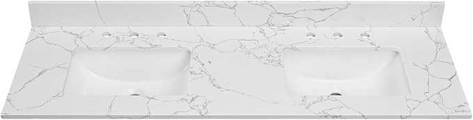 60 Inch Engineered Stone Bathroom Vanity Sink Top, with Undermount Rectangular Double Sinks, Vanity Countertop with 8 inch Faucet Hole Spacing and Backsplash in Lightning White