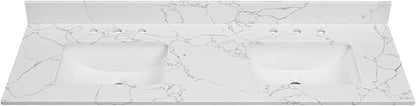 60 Inch Engineered Stone Bathroom Vanity Sink Top, with Undermount Rectangular Double Sinks, Vanity Countertop with 8 inch Faucet Hole Spacing and Backsplash in Lightning White