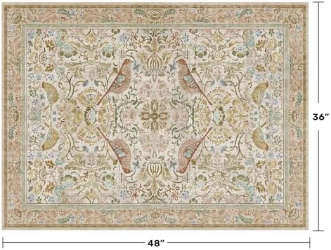Large Entryway Rugs Indoor - Beige 3x4 Washable Rugs for Kitchen Bedroom Beside Bed Door Mat Indoor Entrance with Vintage Woodland Flowers, Non Slip Stain Resistant Low Pile