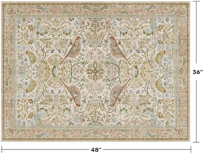 Large Entryway Rugs Indoor - Beige 3x4 Washable Rugs for Kitchen Bedroom Beside Bed Door Mat Indoor Entrance with Vintage Woodland Flowers, Non Slip Stain Resistant Low Pile