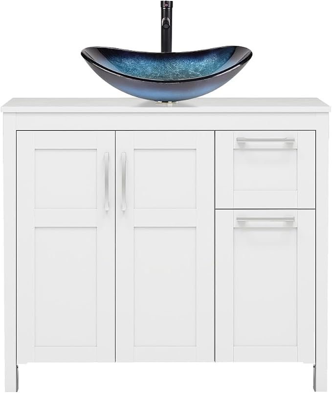 YOURLITE 36" Bathroom Vanity with Sink, White Bathroom Vanity and Sink Combo with Faucet & Pop Up Drain Set,Traditional Vanity with Dark Green Glass Bowl