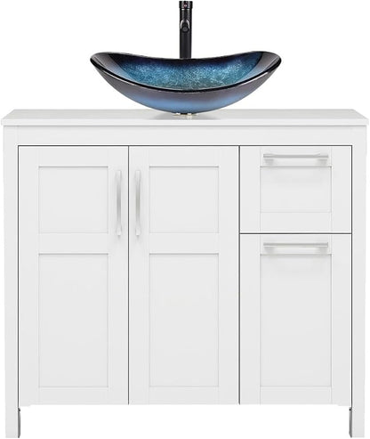 YOURLITE 36" Bathroom Vanity with Sink, White Bathroom Vanity and Sink Combo with Faucet & Pop Up Drain Set,Traditional Vanity with Dark Green Glass Bowl
