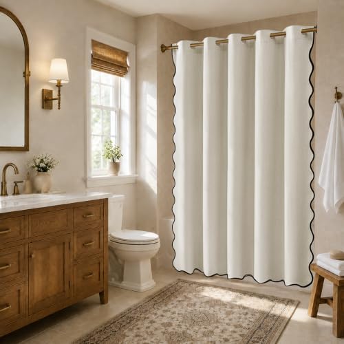 Furlinic No Hook Scalloped Shower Curtain Beige Linen Modern Neutral 72x75