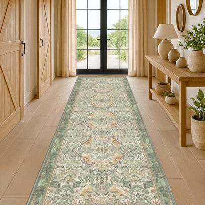 Vintage Runner Rugs for Hallways - Sage Green 2'6"x10' Wide Kitchen Runners, 10 ft Long Entryway Rug, Botanical Pattern with Flowers and Leaves, Washable Non Slip Low Pile