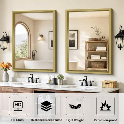 Bathroom Mirror, 30 x 42 inch Natural Wood Grain Colored Aluminum Metal Frame Bathroom Vanity Mirror, Rectangle Wall Mirror for Bedroom Living Room, Tempered Glass, Horizontal or Vertical