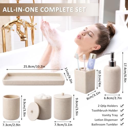 XLHOMO Resin Beige Bathroom Set, 6 Pcs Bath Decor and Accessories Sets