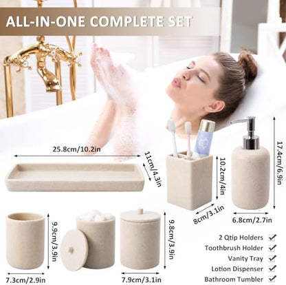 XLHOMO Resin Beige Bathroom Set, 6 Pcs Bath Decor and Accessories Sets