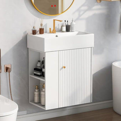 22" Small Bathroom Vanity with Sink, Floating Vanity for Bathrooms with Soft-Close Door and Open Shelf, Wall Mounted Narrow Bathroom Vanities for Compact Bathrooms (White,22" Floating Left Shelf)