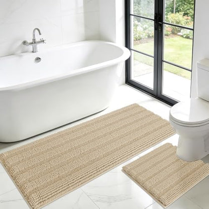 ACCUMTEK Striped Beige Toilet Bathroom Rug Mat Set 2 piece Rug Ultra Soft, Non Slip Chenille Bath Rugs, Absorbent Plush Shaggy Bath Mats for Bathroom, Bedroom, Kitchen, Shower, Tub