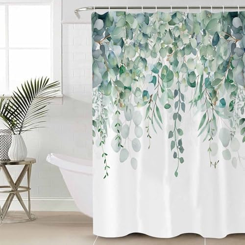 Shower Curtain Bathroom Set Green Eucalyptus Leaf on White Waterproof Shower Curtains with Grommets Hooks Fallen Leaves Watercolor Privacy Bath Curtain for Bathtub Decor 72x72in