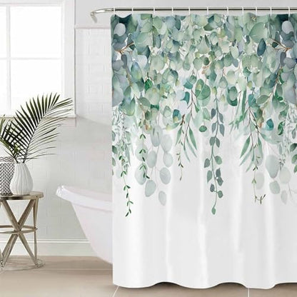 Shower Curtain Bathroom Set Green Eucalyptus Leaf on White Waterproof Shower Curtains with Grommets Hooks Fallen Leaves Watercolor Privacy Bath Curtain for Bathtub Decor 72x78in