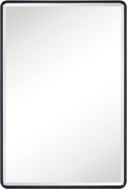 TEHOME Farmhouse Matt Black Recessed Bathroom Medicine Cabinet with Mirror Rounded Rectangle Metal Framed Medicine Cabinet with Beveled Mirror 20x30''
