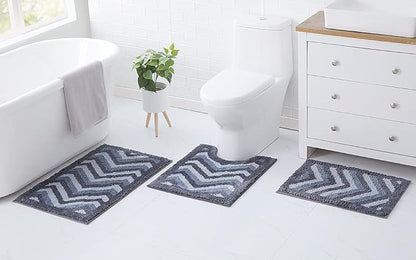 Hearth & Harbor Bathroom Rugs, Shaggy Plush Bath Mat, Ultra Soft Non Slip Backing Rubber, Chevron Design Bath Rug, Blue/Grey, 3 Piece Set